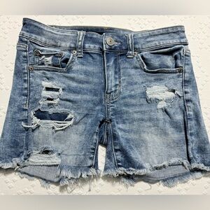 American Eagle Womens 4 Midi Denim Shorts Distressed Raw Hem Stretch
